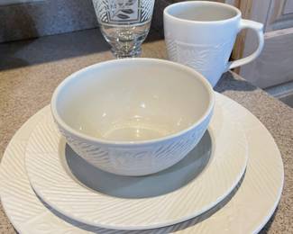 Pfaltzgraff white dish set:  8 bowls, 7 salad plates, 8 dinner plates, 5 water glasses, 7 mugs,   $35,