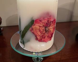 Decorative floral candle and glass candle dish,  6"H,  was $14, NOW $9