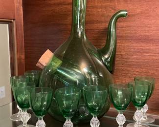 VTG Green glass decanter w/cork and 9 glasses, 11"H,  was $65, NOW $40