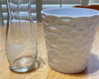 Vase w/floral etching, 7"H,  was $6, NOW $4.  White ceramic planter, 5.5"D x 5.5"H, was  $8, NOW $6