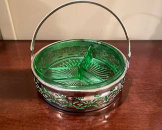 Vtg green depression glass 3 divided relish dish in silver caddy, 6" diameter x 5"H,  was $24, NOW $14