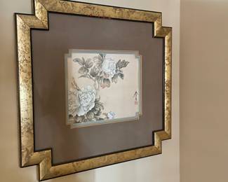 VTG Gold framed signed Chinese floral watercolor, #1, Approx 20" x 20",  was $75, NOW $45