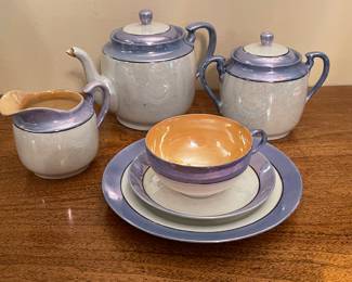 Blue/periwinkle iridescent plates(12), cups(9) & saucers(12), teapot and sugar & creamer, Made in Japan, was $75, NOW $50