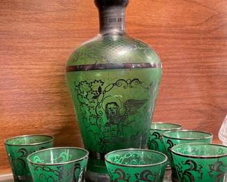 Italian Emerald Green decanter glass set - Venetian Lion silver overlay,  was $75, NOW $48