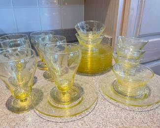 Yellow depression parfait glasses, sherbet bowls and plates,  was $48, NOW $34