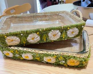 VTG Floral casserole basket w/ 13" x9" Pyrex dish,  2 available,  was $16 each, NOW $12 each
