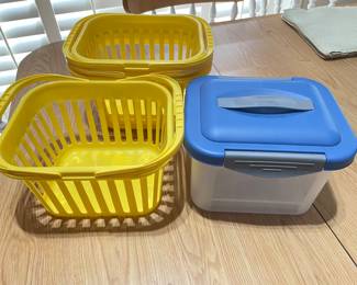 Yellow storage baskets, 4 available, $2 each. Locking blue lidded storage container,  $4
