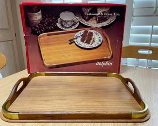 VTG Teak Wood Serving Tray Mid Century Modern Style Brass Corners, 16.5 x 12",    was $24, NOW $16