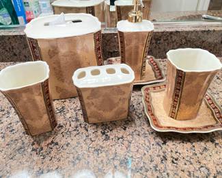 Seven Piece Bathroom Ensemble, Burgundy Rim,  was $20, NOW $12