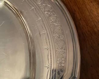 Additional view of fine detailing on large silver serving platter ~