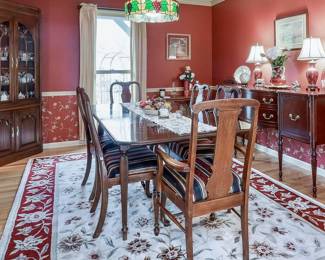 Beautiful and Antique Dining Room Featuring Dining Table and 6 Chairs, Corner Display Cabinet and Side Chest and Buffet.