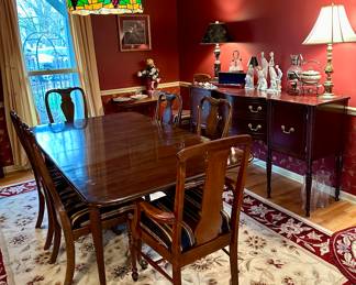 Beautiful Dining Room:  Harden Table and Chairs, Harden Corner Breakfront, Morganton Collection Buffet Server and Beautiful Rug that ties it all together.
