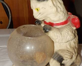 1930s Chalkware Carnival Cat With Fish Bowl

