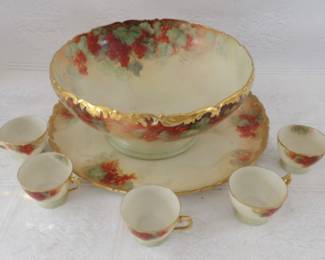 Extraordinary Limoges hand painted punch bowl set
