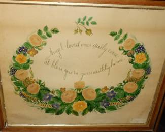 1820s Theorem Painting Of Wreath Of Flowers With Motto.