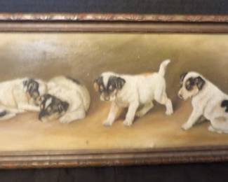 Adorable Folk Art Painting Of Puppies Watching Spider