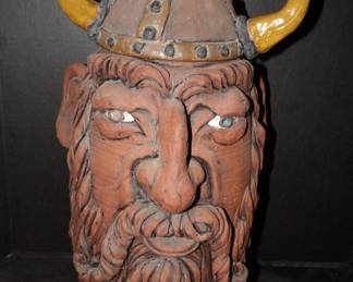 Vintage Rare Unglazed Redware Viking Face Crock Signed Norton