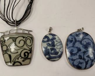  THREE STERLING WITH BLUE & WHITE PORCELAIN PENDANTS 