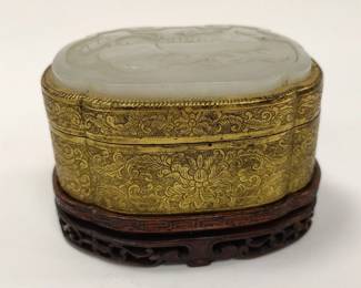  CHINESE GILT BRONZE BOX WITH WHITE JADE ON LID 