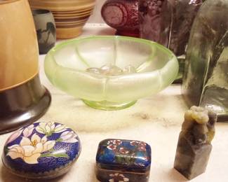 cloisonne boxes, Chinese wax seal  and Fenton Melon stretch glass bowl
