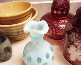 Blue Opalescent coin dot and antique yellowware bowls