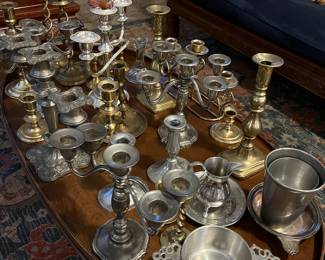 Brass, Pewter candlesticks, Antique coffee table