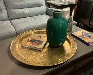 Italian Blue Sofa and Chair, Four Hands Coffee Table, Matching Console, China Hutch/Bookcase with Glass Shelves, and Desk. Brass Tray (large), Pottery