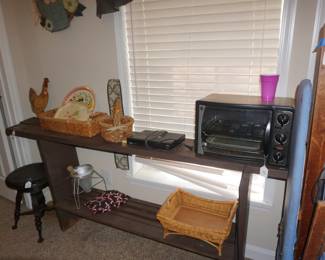 large shelf--great for plants! chicken, baskets, toaster oven, DVD player, piano stool
