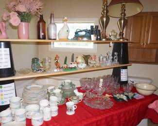 Fostoria, Mikasa dish set,  green transferware, figurines, lamps