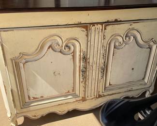 Antiqued White and Ivory Distressed French Style Two Door Cabinet - 1 interior shelf,  dark stained top - Just added to the sale 
