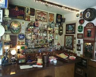 MASSIVE COLLECTION OF VINTGE BAR COLLECTIBLES. SHOT GLASSES, CARAFES, ADVERTISEMENTS, BOTTLES, ASHTRAYSx