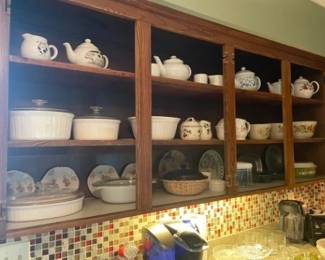 Kitchen at a glance!  Tea Pots, Corning Ware Bakers, decorative plates, Sugar/Creamers. 