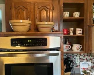 Crock Bowls.  Cups, Knives, misc