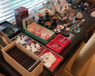 Towle, Gorham, Havilland and Waterford ornaments! Lladro swans and a large selection of crystal paperweights!