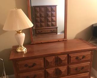 Link-Taylor solid wood dresser and chest with matching slate topped nightstand and King headboard! This is called Espanol Oak! Another Lenox lamp too!