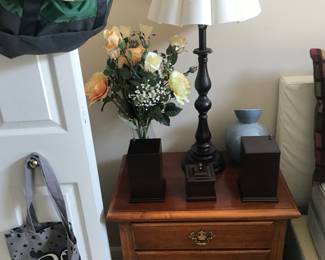 Nice Cherry nightstand, jewelry boxes from Bombay Co. Nice candlestick lamp!