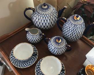 22k Russian Lomonosoy Coffee and Tea set serving for 2 displayed on a nice rolling serving cart!