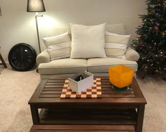 Slotted top table and matching bench! Reclining loveseat in a corduroy material! Solid wood crafted chess board and pieces! Christmas trees too!