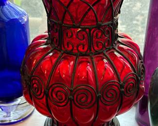 Vintage Wrought Iron Caged Ruby Red Blown Glass Vase