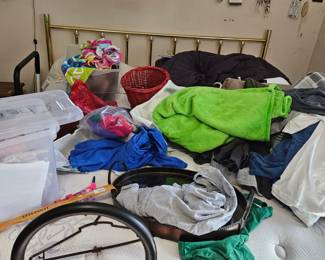 King size bed, frame.  Clothing and misc