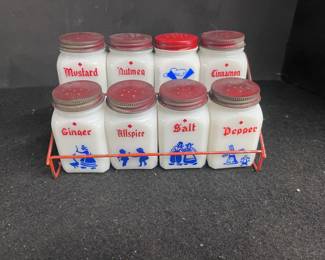 8 Milk Glass Spice Canisters w/Rack