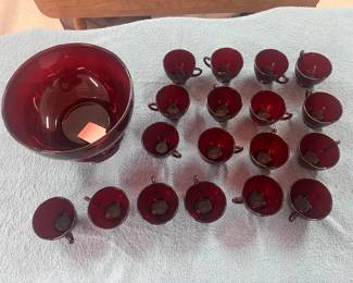Ruby Punch Bowl w/Base + 18 Cups