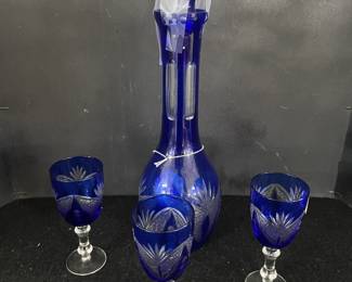 Blue Cut-to-Clear Decanter w/3 Wine Glasses'
