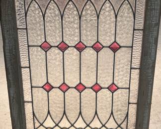 Stained Glass Window w/Amber and Red Jewels - 33 7/8" X 24.5"