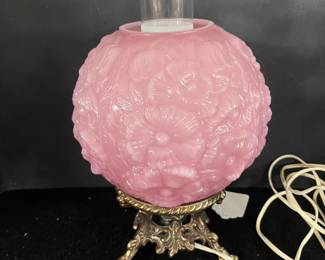 Brass Table Lamp w/Pink Floral Globe