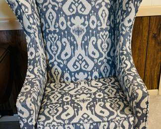 Patterned Upholstered Accent Chair with Blue Gray and Off White. Stylish Wingback Design