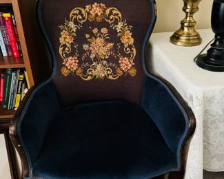 Needlepoint back velvet chair