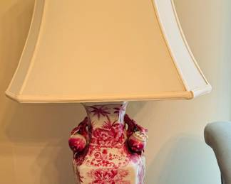 Beautiful  lamp United Wilson pink and white crackled with palms and cherubs and pomegranate handles