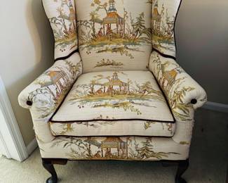 Oriental fabric wing back chair