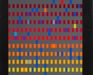3397
Yaacov Agam
b. 1928
"Kesef Ner Shalosh," 1990
Screenprint in colors on paper
Edition: 19/27
Signed and numbered in gold pen in the lower margin: Agam; titled and dated on a label affixed, verso
Image: 11.5" H x 10.25" W; Sight: 14" H x 13" W
Estimate: $400 - $600